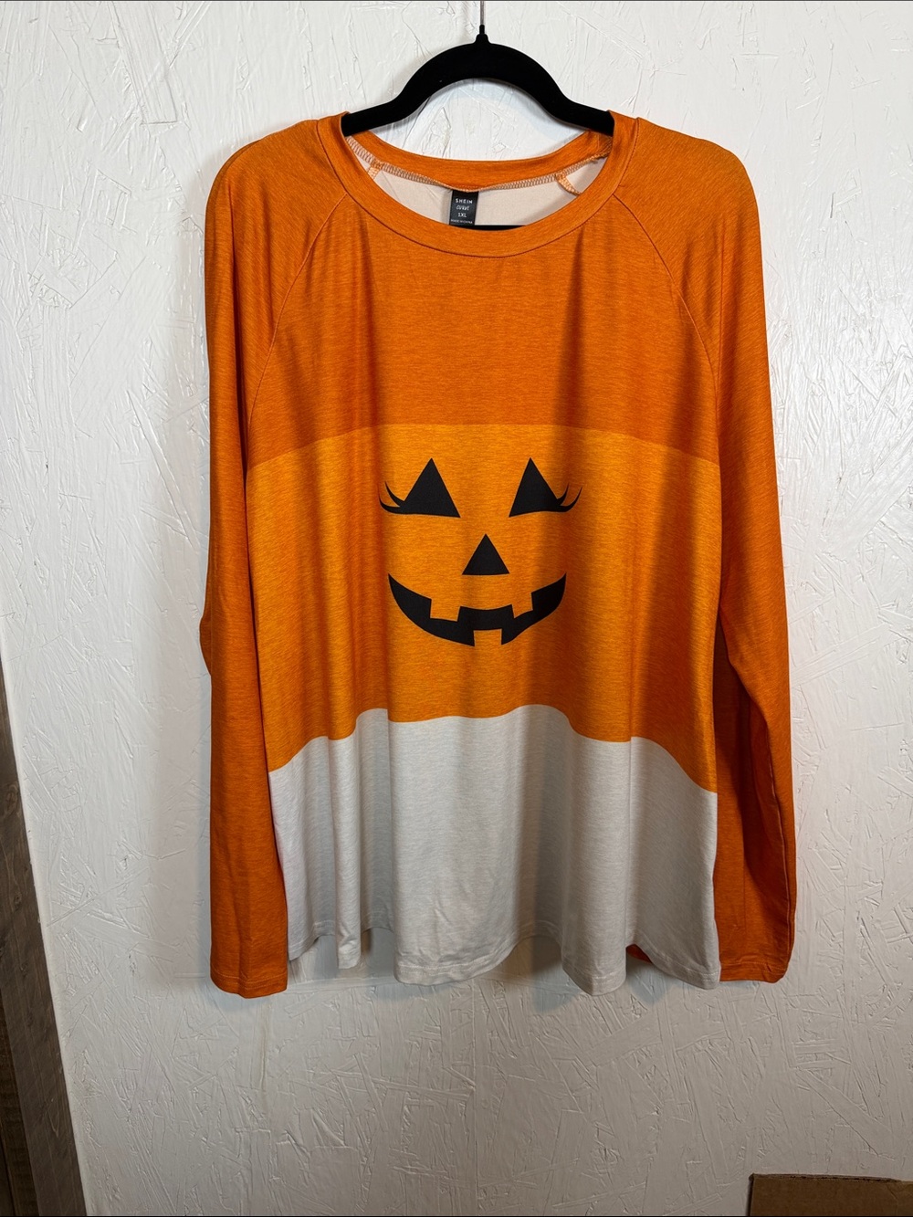 SHEIN Orange and Cream Pumpkin Face Long Sleeve Tee